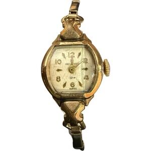 Vintage Helbros Swiss Women's Watch Gold Tone Art Deco Dainty Expansion‎ Band